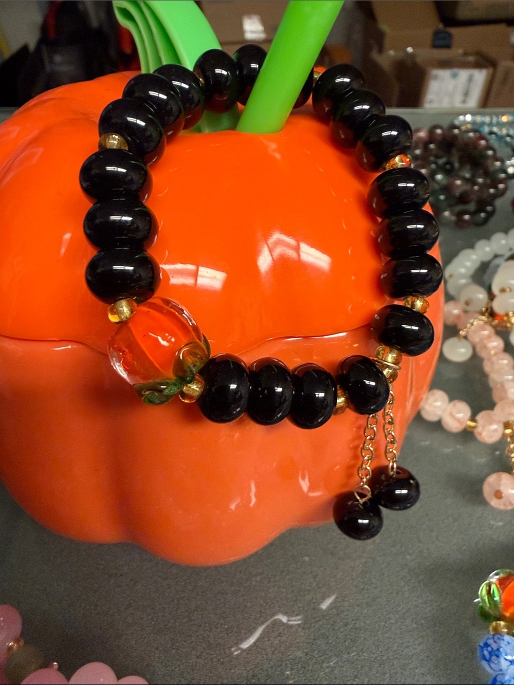 Black Beaded Stretch Bracelet with pumpkin glass bead & Gold Accents